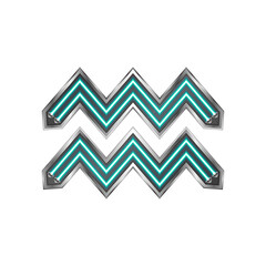 Aquarius Zodiac Symbol Neon Light Glow Silver Metallic Letter Glyph Alphabet Horoscope, Astrology Icon Isolated on White Background.