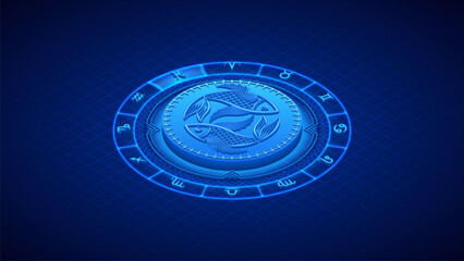 Two-Fish Pisces Zodiac Symbol, Wheel of Twelve-Sign, Neon Glow Isometric Bas-Relief Sculpture, Horoscope and Astrology Element for Fortune-Telling, Lattice Grid Backdrop Background.