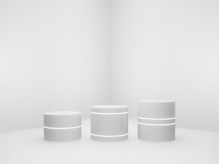 3D White Sci-Fi product display background. Scientific podium with white neon lights.