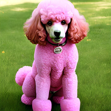 An image depicting a realistic pink poodle in the grass (a.i. generated)