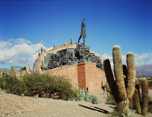 Humahuaca, Jujuy, Argentina. 02-04-2022: dian monument. Humahuaca. Stone staircase with a statue at...