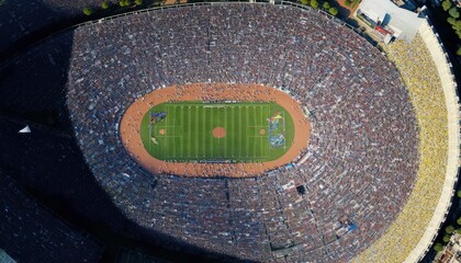 Aerial Panoramic View Of A Large Sporting Event With Thousands Of Fans : Stunning Drone Footage Showcasing Overhead Bird's Eye Perspective (Generative AI)