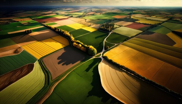 Aerial Panoramic View Of Agricultural Lands And Farm Fields : Stunning Drone Footage Showcasing Overhead Bird's Eye Perspective (Generative AI)