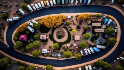 Aerial Panoramic View Of Campsites And Rv Parks : Stunning Drone Footage Showcasing Overhead Bird's Eye Perspective (Generative AI)