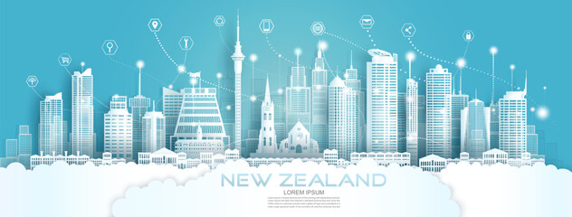 Technology wireless network communication smart city with icon in New Zealand.
