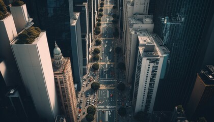 Aerial Panoramic View Of Crowded City Streets With Tall Skyscrapers : Stunning Drone Footage Showcasing Overhead Bird's Eye Perspective (Generative AI)