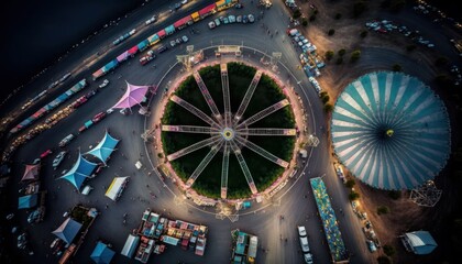 Aerial Panoramic View Of Festivals And Fairs : Stunning Drone Footage Showcasing Overhead Bird's Eye Perspective (Generative AI)