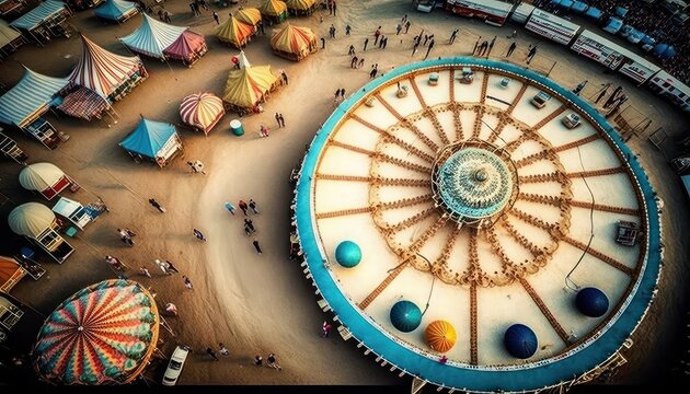 Aerial Panoramic View Of Festivals And Fairs : Stunning Drone Footage Showcasing Overhead Bird's Eye Perspective (Generative AI)