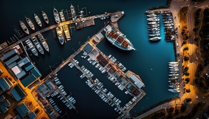 Aerial Panoramic View Of Marinas And Ports : Stunning Drone Footage Showcasing Overhead Bird's Eye Perspective (Generative AI)