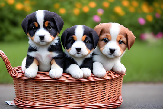 3 lindos perritos en una cesta, en un fondo primaveral, generados por inteligencia artificial