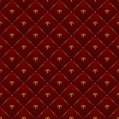 Aries Zodiac Symbol, Golden Luxury Seamless Velvet Lattice Pattern Geometric Backdrop Background, Air Element Fabric Textile Diamond Tile Texture.