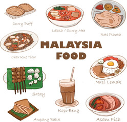 MALAYSIA SINGAPORE LOCAL FOOD CURRY PUFF NASI LEMAK KOPI SATAY IKAN BAKAR CHICKEN RICE ROTI CANAI HAND DRAWN 