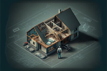 Building a Home from the Ground Up: The Blueprint and a Construction Worker (AI Generated)