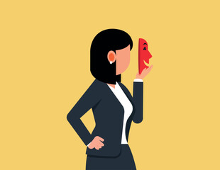 Business dishonest or liar. Business woman holding smiling mask.