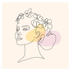 Continuous line drawing of beauty woman with leaves vector illustration. One line minimalist art for organic cosmetics.