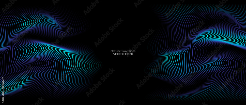 Poster 3D Vector wave lines pattern smooth curve flowing dynamic blue green gradient light isolated on black background for concept technology, digital, communication, science, music.