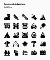 Customizable camping and adventure icons covering camping tools and equipment and outdoor elements. Perfect for apps, websites, businesses, stores, product illustrations, catalogs, etc