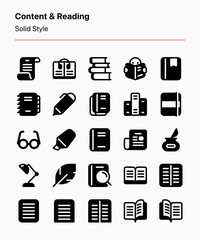 Customizable set of content and literature icons covering reading and writing elements. Perfect for apps, websites, blogs, libraries, e-readers, stores, businesses, publications, etc