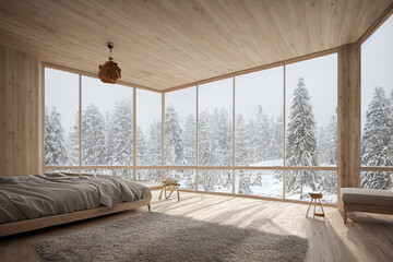 Minimal Living Modern Luxury Bedroom Interior with Wood Ceiling Made with Generative AI