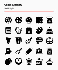 Customizable set of cakes and bakery icons covering the products, ingredients, and equipments. Perfect for businesses, product catalogs, publications, packaging, apps and websites, etc