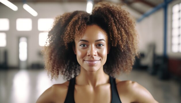 Beautiful afro american female with curly hair in gym, Generative AI