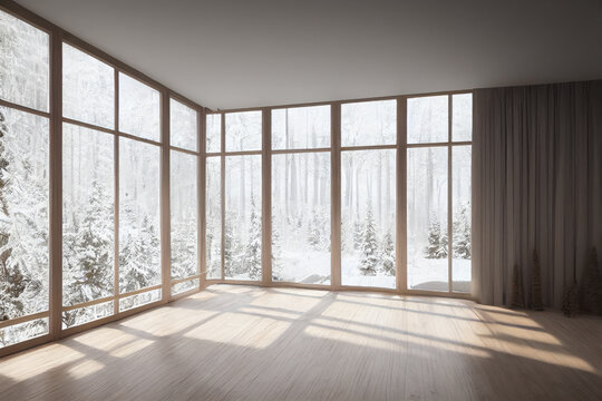 Empty Luxury Modern Living Room Interior with Snow Forest Views in Winter Made with Generative AI