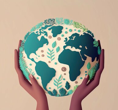 earth in hand for world earth day background wallpaper, greeting celebration, 3d art paper style, AI generated
