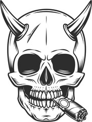 Skull with horns smoking cigar or cigarette smoke in vintage monochrome style illustration