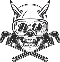 Skull with horns in safety glasses and construction wrench for gas and builder plumbing pipe wrench or body shop mechanic spanner repair tool in vintage monochrome style illustration