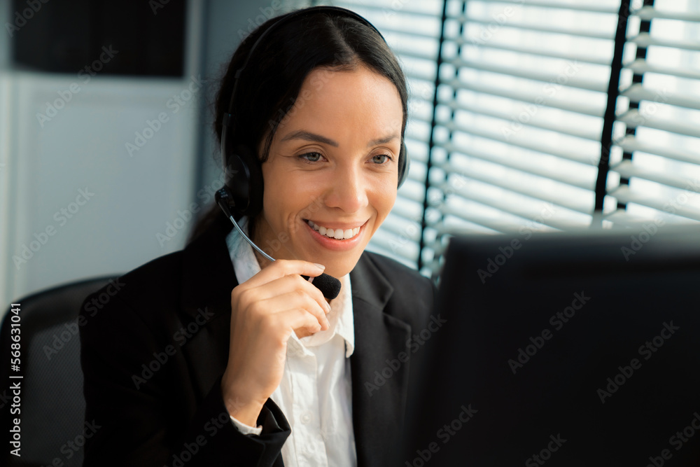 Aufkleber competent female operator working on computer and talking with clients. concept relevant to both cal