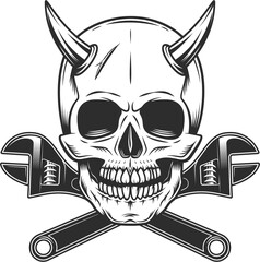 Skull with horns and body shop mechanic spanner repair tool or construction wrench for gas and builder plumbing pipe in vintage monochrome style illustration