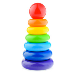 A colored pyramid for a child, isolated on a white background. Educational bright toys for toddlers and babies. The development of motor skills and the study of colors