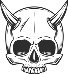 Skull without jaw with horns in vintage monochrome style illustration