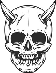 Skull with horns in vintage monochrome style illustration