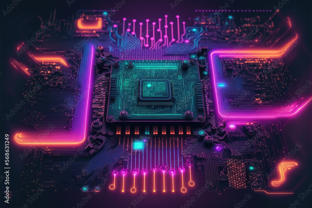 Aufkleber computer microchip semiconductor on motherboard futuristic cyber neon lighting. peculiar ai generati