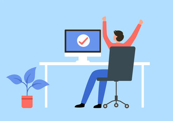 Happy man employee celebrated work success in office concept vector illustration.