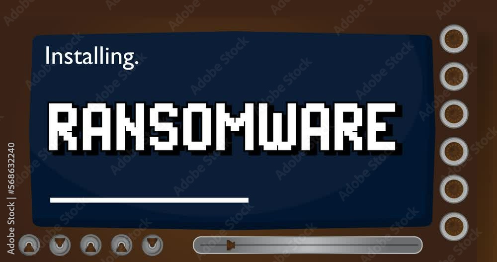 Poster cartoon computer with the word ransomware. video message of a screen displaying an installation wind