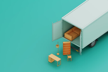 Background with furniture beside a moving truck for house moving, 3d rendering