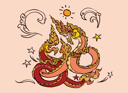 Thai dragon on a pink background vector for card decoration illustration