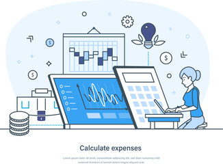 Calculate expenses, estimation and financial calculation for budget planning. Professional accounting service, financial audit. Expenses and income balance thin line design of vector doodles