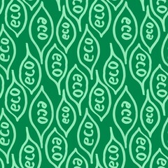 Hand drawn seamless pattern eco organic words leaves on green background. Eco friendly environment farmer market clean sustainable food. Wrapping paper packaging design, words lettering slogan