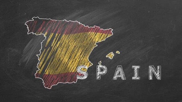 Map of Spain with name and flag inside drawn in chalk on a blackboard. Hand drawn animation. One of a large series of maps and flags of different countries. Education, travel, study abroad concept
