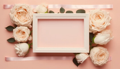 Frame made of flowers white roses and a gift box on a paste, generative ai 