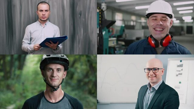 Collage of diverse people. Men of different professions and different ages look at the camera.