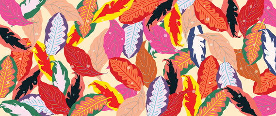 Fototapeta na wymiar Colorful tropical leaves background vector illustration. Abstract botanical leaves pattern, exotic spring summer style texture background. Contemporary art design for home decoration, wallpaper.