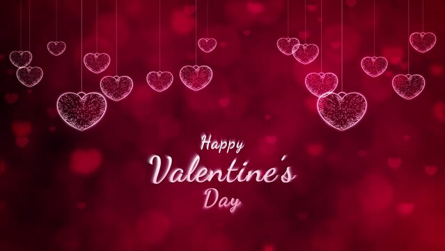 Valentine's day text reveals abstract red background, Red Heart shaped swaying and particles flowing for Valentine's day