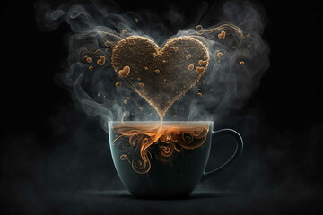hot coffee with steam, heart shaped, generative AI, love coffee, drink, beverage