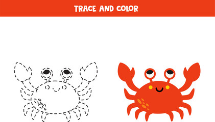 Trace and color cute red crab. Worksheet for children.