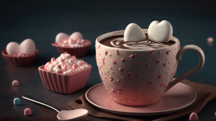 Fototapeta premium Mug of rich and creamy hot cocoa with marshmallows,Valentines Day ,copyspace text,generative ai