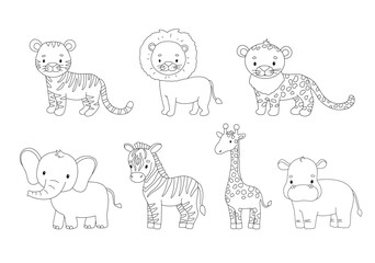 Cute giraffe, tiger and elephant in line style. Drawing african baby wild animal isolated on white background. Vector set sweet outline illustration for childish coloring book.